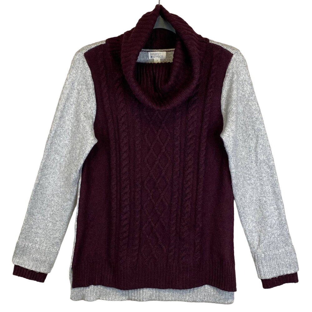 Market & Spruce Cowl Neck Cable Knit Sweater Stitch Fix Women Sz S Burgundy/Gray